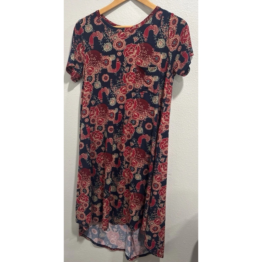 LULAROE CARLY Blue Red Peacock Floral Size Small Hi Low Short Sleeve Dress